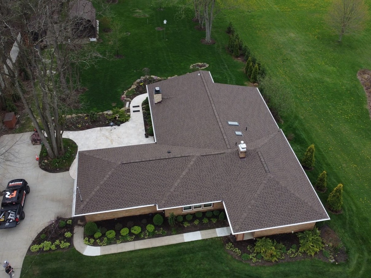 Completed Firestone roofing project in Brunswick, Ohio, captured by aerial drone over Medina County.