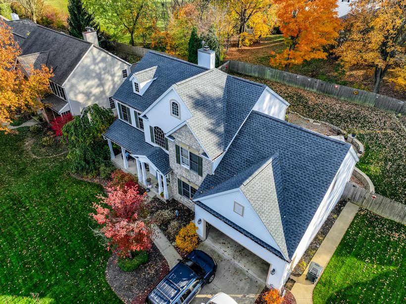 Aerial drone photo of a completed Firestone roofing project in Northeast Ohio