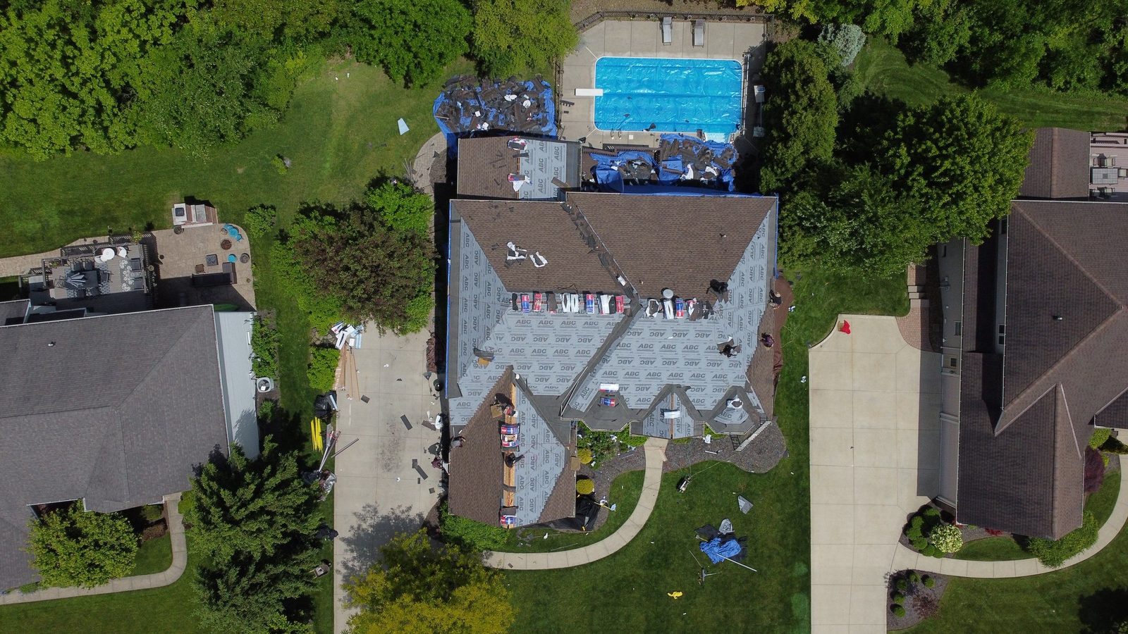 Top-down drone shot of a newly installed roof in North Royalton (Cuyahoga County, Northeast Ohio), by Firestone Roofing & Restoration.