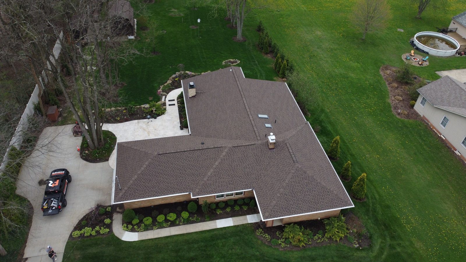 Completed Firestone roofing project in Brunswick, Ohio, captured by aerial drone over Medina County.