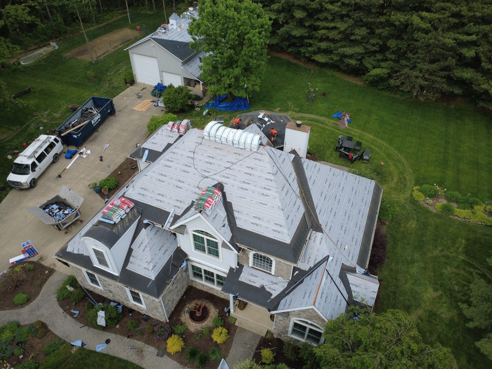 Completed Firestone roofing project in Seville, Ohio, captured by aerial drone over Medina County.