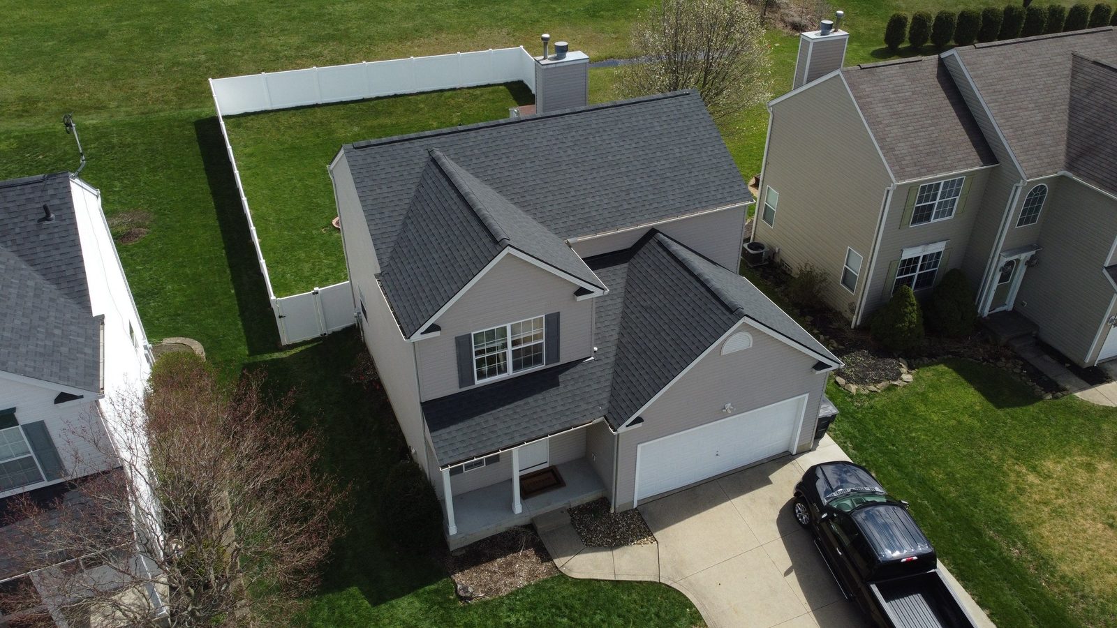 Drone photo of a finished shingle roof on a Wadsworth home in Medina County, Northeast Ohio — Firestone Roofing & Restoration.