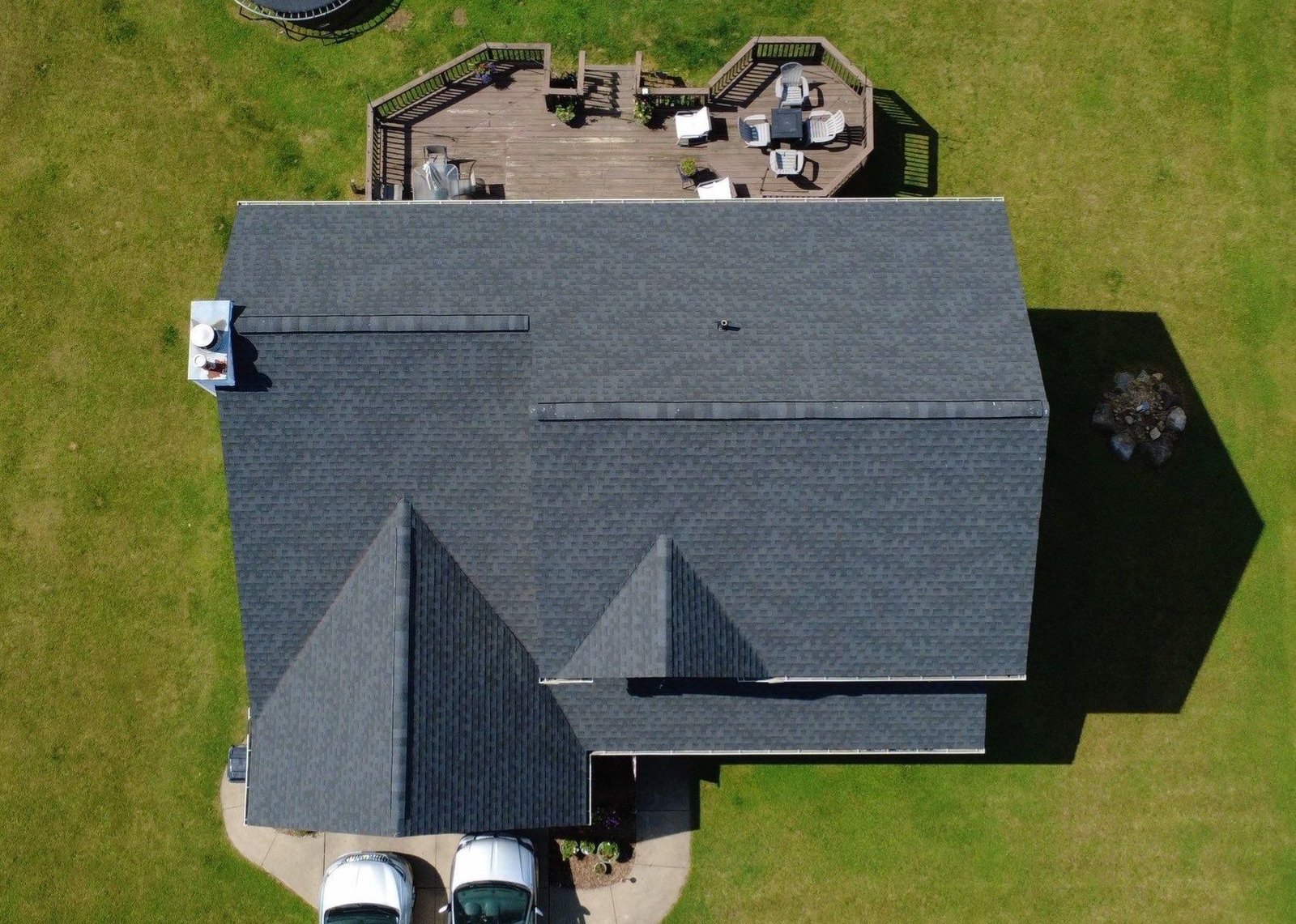 Top-down drone shot of a newly installed roof in Canal Fulton (Stark County, Northeast Ohio), by Firestone Roofing & Restoration.