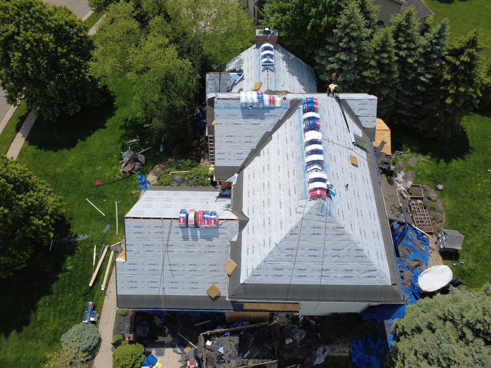 Top-down drone shot of a newly installed roof in North Canton (Stark County, Northeast Ohio), by Firestone Roofing & Restoration.