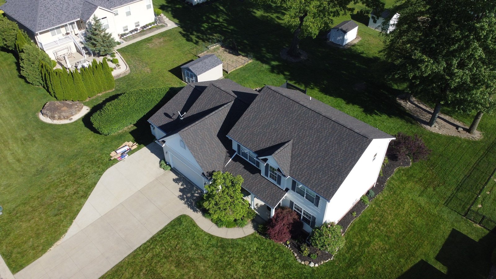 Top-down drone shot of a newly installed roof in Tallmadge (Summit County, Northeast Ohio), by Firestone Roofing & Restoration.
