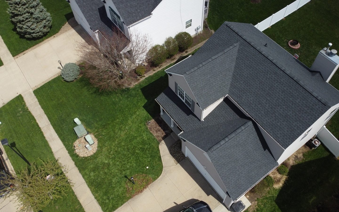 Completed Firestone roofing project in Wadsworth, Ohio, captured by aerial drone over Medina County.