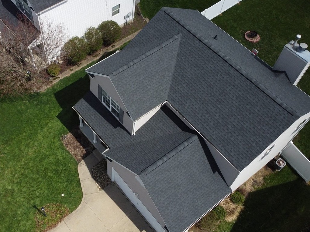 Completed Firestone roofing project in Wadsworth, Ohio, captured by aerial drone over Medina County.